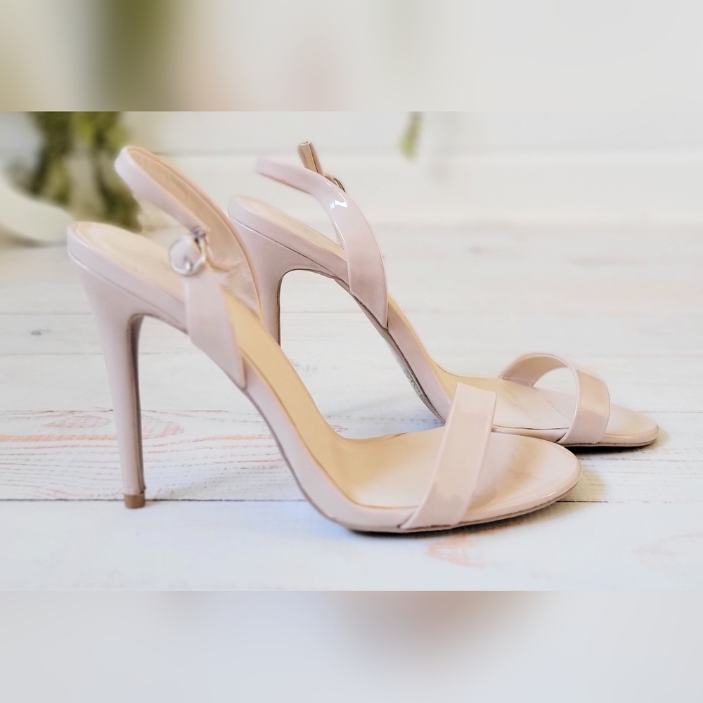 Qupid Nude Sling Back Stiletto Sandal Heels